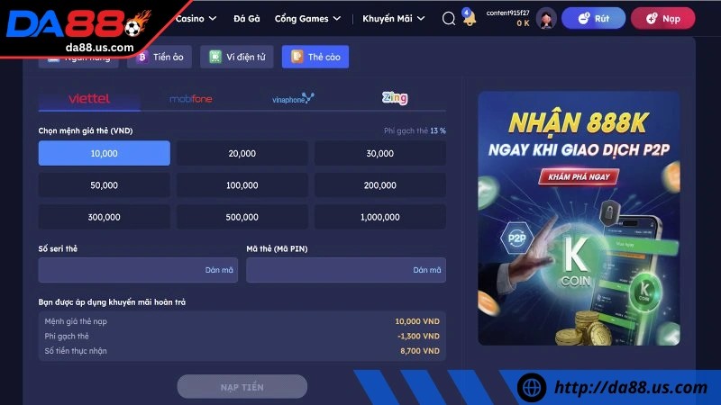 Chuyển tiền vào ví game qua thẻ cào