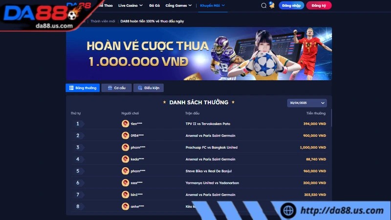 Đặt cược thất bại vào đầu ngày hoàn tiền 100%